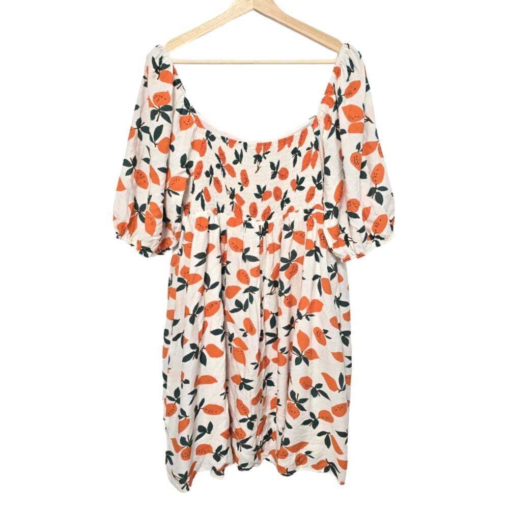 Davi & Dani Orange Print Milkmaid Square Neck Dress Retro Pinup 60s Citrus Flare